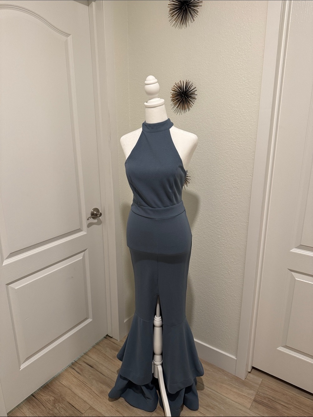 Sleek High-Neck Slate Blue Gown